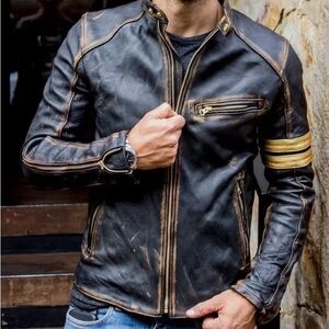 Men's Black Leather Jacket with Gold Accents